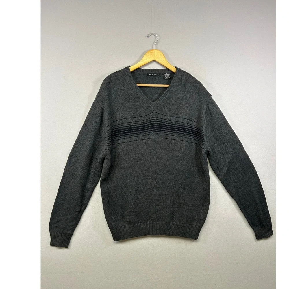 Classic Preppy Michael Brandon Mens XL Charcoal Grey V-Neck Striped Knit Sweater
